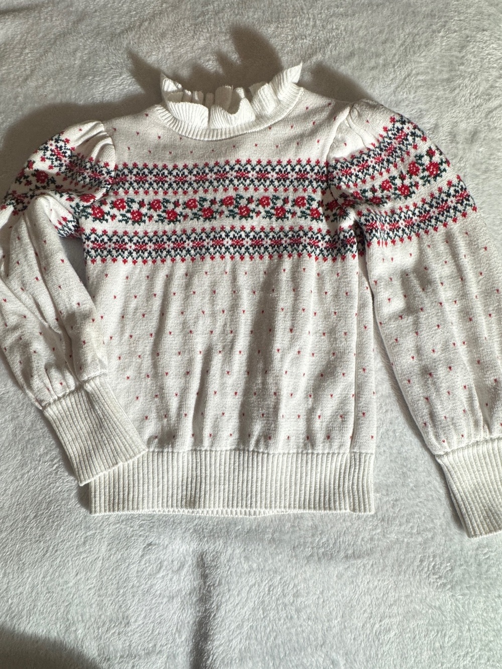 JANIE AND JACK White Ruffle Neck Fair Isle Sweater with Pink & Green Accents